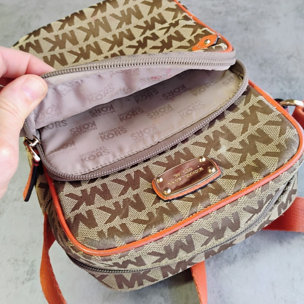 Michael Kors Signature Flight Crossbody Bag Brown Orange Leather Trim - Picture 9 of 16